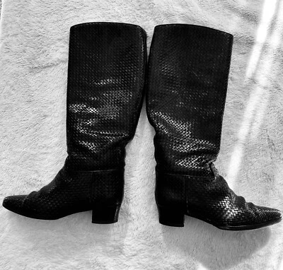Vintage 80s Stéphane Kelian Black Woven Leather Boots, Size 8.5 Made In France - Image 1 of 4