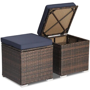 2PCS Patio Rattan Ottomans Seat Side Table Storage Box Footstool W/Cushions Navy - Picture 1 of 10