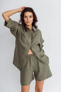 Linen LOUNGE Set in Olive / Linen Shorts / Linen Shirt - Picture 1 of 11