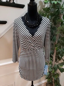 B-Slim Women's Black & White Polyester V-Neck Long Sleeve Top Blouse Size Large - Picture 1 of 14