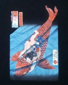 Japan Woodblock Saito Oniwakamaru on a carp t shirt L NEW Japanese Yoshitoshi - Picture 1 of 5