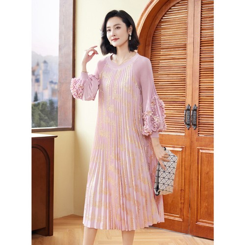 OFF WHITE Abito donna Grace stampa floreale girocollo 3D volant manica lanterna gonna plissettata