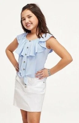  BLUSA ABOTONADA CON VOLANTES AZUL JUSTICIA NUEVA SIN ETIQUETAS NIÑAS TALLA 12  Foto 1 de 4