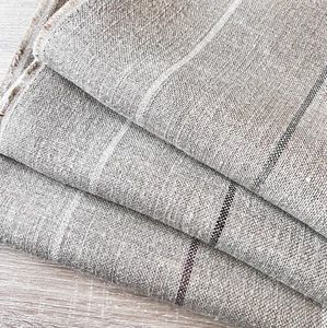 RUSTIC STRIPE Blue/Brown/Plum 100% Linen fabric, 143cm wide, Price per 1/2 metre - Picture 1 of 12