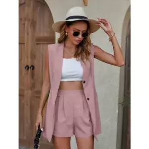 Damen-Outfits einfarbig ärmellos Weste lässig hoher Bund Hose Shorts Anzug - Bild 1 von 5
