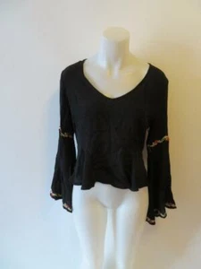 WOMENS EVIE BLACK FLORAL EMBROIDERED TRIM RUFFLED SLEEVE BLOUSE TOP M* - Picture 1 of 8