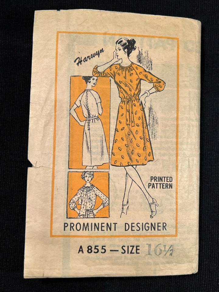 Printed Pattern A855 Misses Designer Dress Original 1970's Pattern sz 16 1/2 Cut - Image 1 of 4