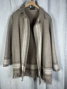 Devernois Paris Jacket Open Front Cardigan 100% Wool Sz 14 US Brown Fringe VTG - Picture 1 of 5
