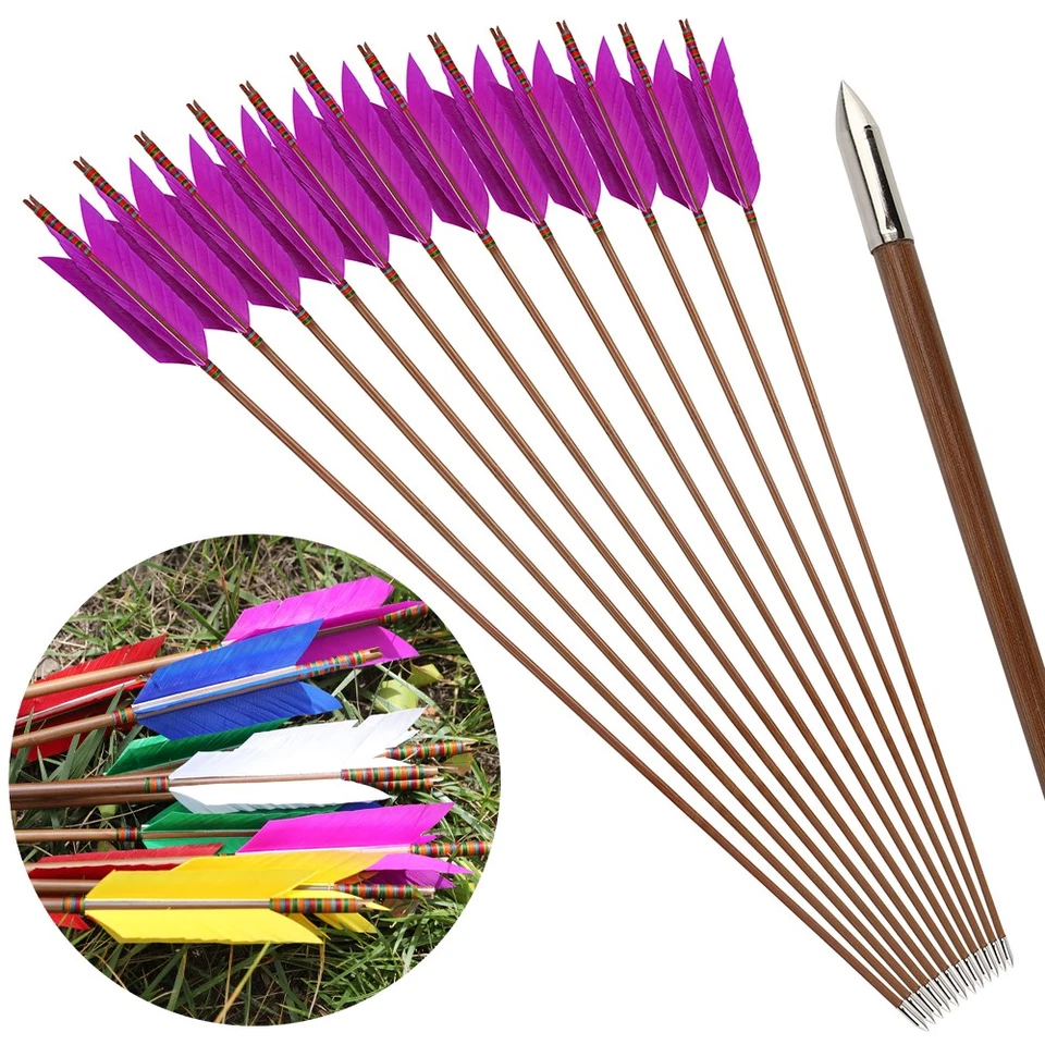 33" Archery Bamboo Arrow 4 Feather Longbow Traditional Recurve Bow Tips Hunting - Image 1 of 4