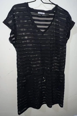 Traje de baño Calvin Klein túnica negra vestido para mujer punto abierto rayas cuello en V Foto 1 de 4