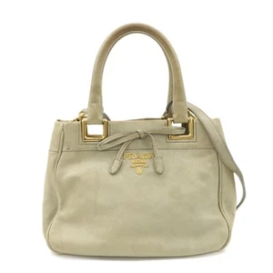 PRADA Logo Ribon Leather 2WAY Tote Bag Hand Bag Beige Gold HDW BN2245 Used F/S - Picture 1 of 24