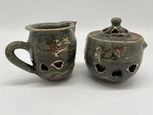 Vintage Otagiri Green Crackle SomaWare Somayaki Celedon Covered Sugar & Creamer - Picture 1 of 21