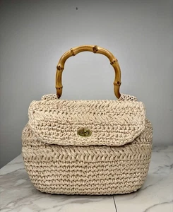 1950s Cream Straw & Bamboo Handle Purse- Brass Hardware- Made In Japan H11”xW10” - Picture 1 of 6