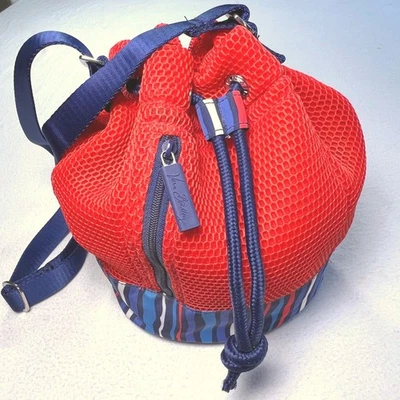 Vera Bradley Crossbody Bucket Bag Red Mesh Stripe Drawstring Shoulder Tote Bag - Image 1 of 4