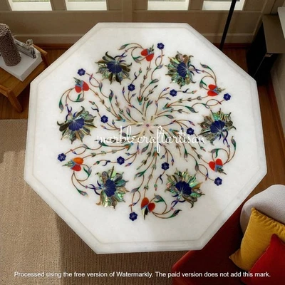 White Marble Inlaid Coffee Tabletop Semi Precious Stone Marquetry Art Furniture - Image 1 of 4