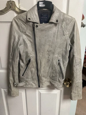 CHAQUETA MOTERA DE CUERO RIVER ISLAND BUTTERSOFT Blanca Gris Envejecida XS 34 W Moto Foto 1 de 4
