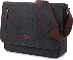 Messenger Bag for Men and Women, Canvas Leather 14 Inch Laptop Messenger Bag Sho - Picture 1 of 12