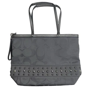 Vintage Y2K Coach Signature Studded Tote Bag Grau Silber Jacquard Leder F17567 - Bild 1 von 9