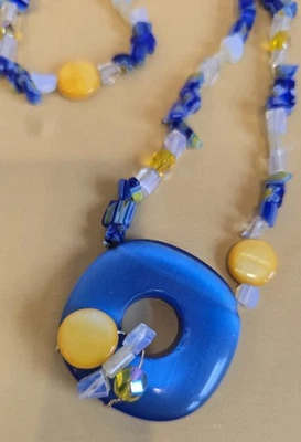 Juego de 3 piezas collar boho longitud ópera vidrio azul amarillo 34" con cuentas a mano Foto 1 de 4