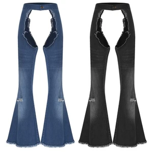 Womens Western Cowgirl Chaps Bell Bottoms Y2k Hollow Out Flared Leg Denim Pants - Picture 1 of 32