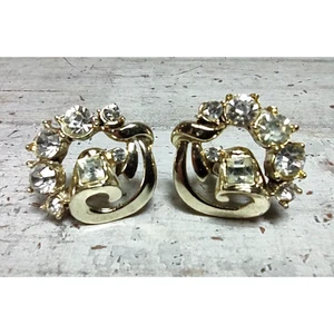 Vintage Gold Tone Clear Rhinestone Abstract Scroll Clip On Earrings Costume 1" - Picture 1 of 7