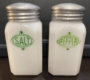 Hazel Atlas Milk Glass Salt Pepper Shakers Green Shield Vintage Anchor Hocking - Picture 1 of 8