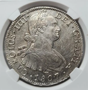 MEXICO SPAIN 8 Reales 1807 TH Mo NGC AU Details Silver Cob Pirate Charles IV. - Picture 1 of 7