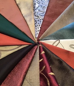 100% SILK + ASSORTED FABRIC REMNANTS X 16 AUTUMNAL SHADES . - Picture 1 of 6
