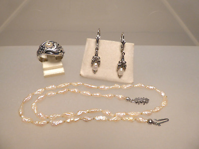 70/80er J. 835 Silber Set Biwa Perlen Collier 38 Cm Ohrhänger U. Ring  11,8 G  • 53.99€