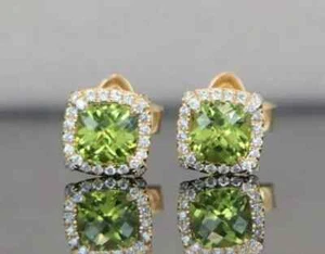 3Ct Cushion Lab-Created Green Peridot Halo Stud Earrings 14K Yellow Gold Plated - Picture 1 of 11