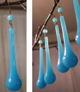 35 Art glass prisms bead robin Egg Opaline Blue lamp chandelier part 3.75" total - Picture 1 of 8