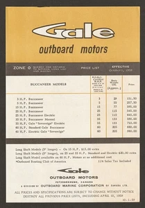 VINTAGE 1959 GALE OUTBOARD MOTORS CANADA ADVERTISING PROMOTIONAL PRICE LIST - Bild 1 von 2