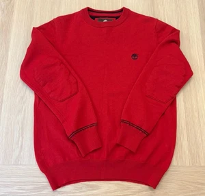 Timberland Jumper Mens XL Red Wool Crew Neck Logo Elbow Patches Sweatshirt - Picture 1 of 9