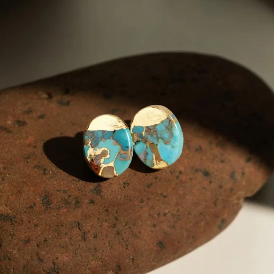 Genuine Turquoise Dainty Oval Stud Earrings Gold Plated Women Healing Jewelry - Image 1 of 3