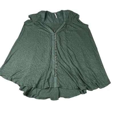 Free People Womens Top Blouse XS Green Button Front Flowy High Low Linen Blend - Image 1 of 4