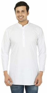 White Cotton Short Mens Kurta Shirt Indian Clothing Fashion Cotton India Dress - Picture 1 of 2