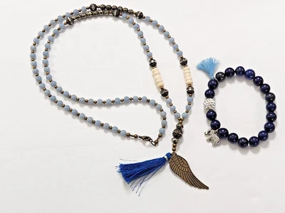 Juego de pulsera collar piedra natural lapislázuli aguamarina hueso pedrería elefante Foto 1 de 4
