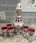 Antique Bohemian Czech Moser Glass Decanter Ruby Red White Overlay w/5 Cordials