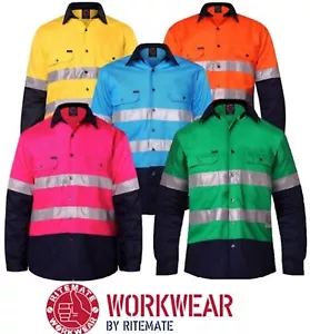 RITEMATE - OPEN FRONT LONG SLEEVE 2-TONE MENS WORK SHIRT + 3M TAPE -RM1050R - Picture 1 of 14