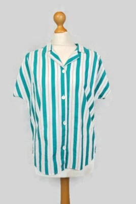 Vintage Turquoise White Stripe Shirt Button-Up Short Sleeve Size 16 Runs Small - Image 1 of 4