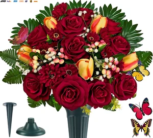 Artificial Cemetery Flowers for Grave,Memorial Flowers Bouquet with Vase for Hea - Picture 1 of 8