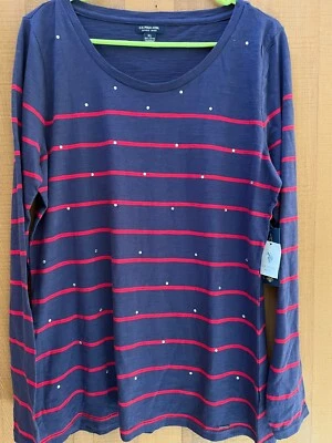 US Polo Assn Mujer XL Camisa Top Manga Larga Rayas Azul Marino Rojo Glam Nuevo  Foto 1 de 4