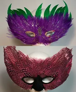 Vintage Mardi Gras Masks Carnival Masquerade Real Feather Costume Green Purple 2 - Picture 1 of 10