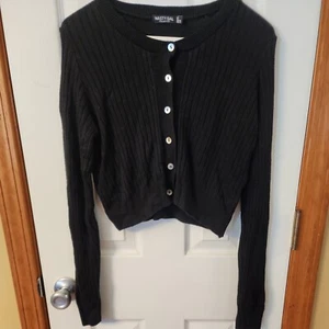Nasty Gal Collection Womens Navy Blue Knit Cropped Cardigan Size 4 Black button - Picture 1 of 11
