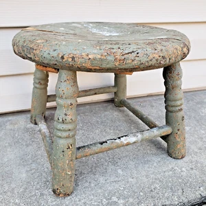 Antique Primitive Miniature Wooden Round Milking Stool Orig Old Paint Folk Art - Picture 1 of 18