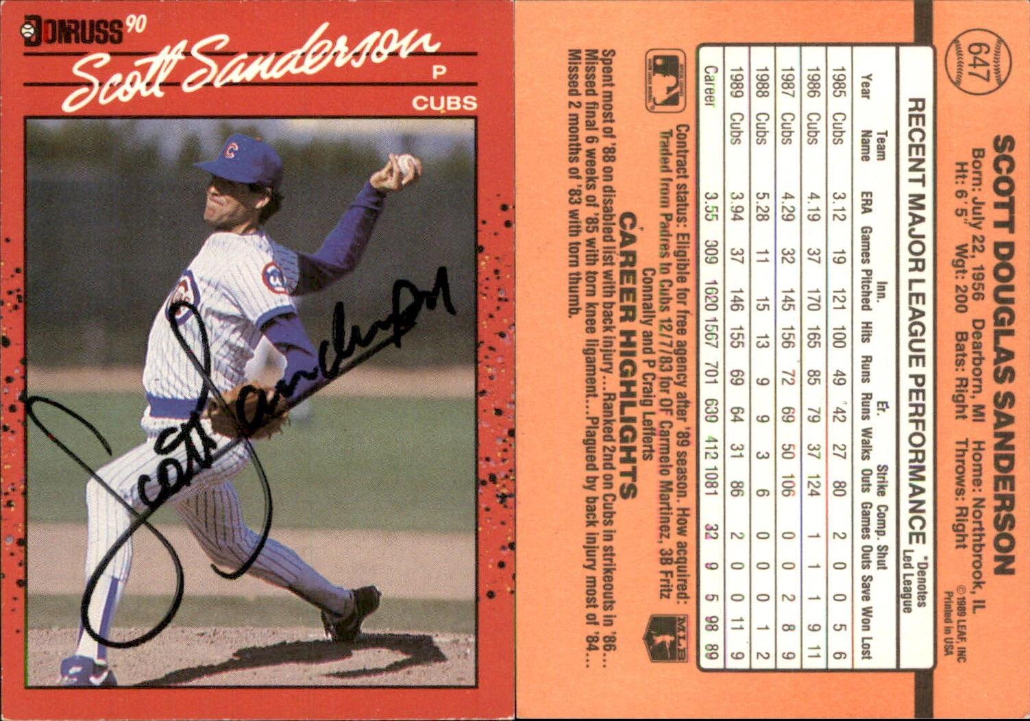Scott Sanderson Signed 1990 Donruss #647b Card Chicago Cubs Auto AU