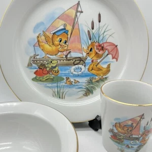 Porsgrund Norway Plate Bowl And Cup Mug 3 pc Set Baby Duck Chicks Frog Fish Boat - Picture 1 of 24