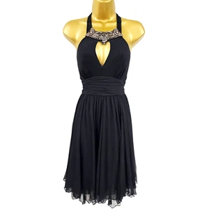 Karen Millen 14 UK Vintage Black Silk Jewel Beaded Open Back Fit Flare Dress - Picture 1 of 15
