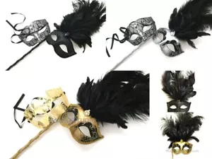 Black Masquerade Stick show girl Feather mask Birthday Dress up Costume Party - Picture 1 of 8