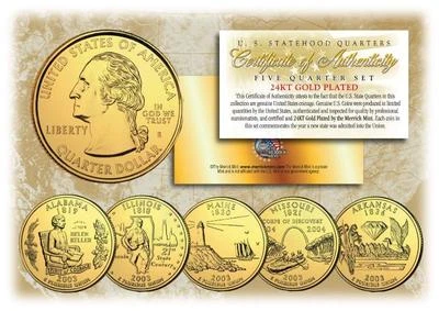 2003 GOLD 24K Clad U.S Mint State Quarters Complete Set of 5 Coins with Capsules - Image 1 of 2
